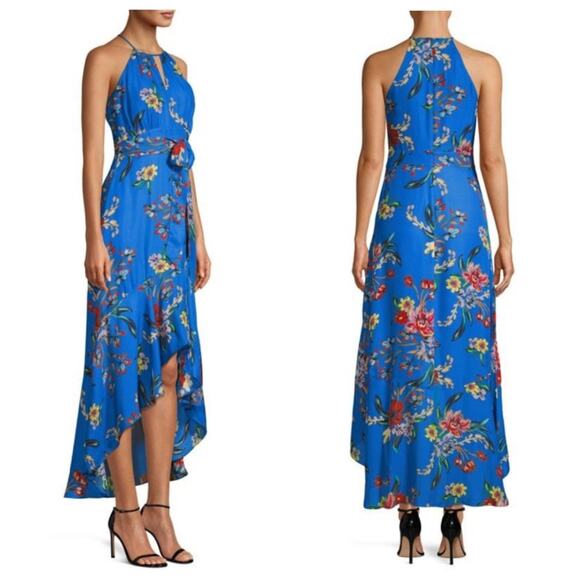 Parker Sleeveless Halter High-Low Ruffle Dress in Blue Floral - Size 6 - Picture 1 of 6
